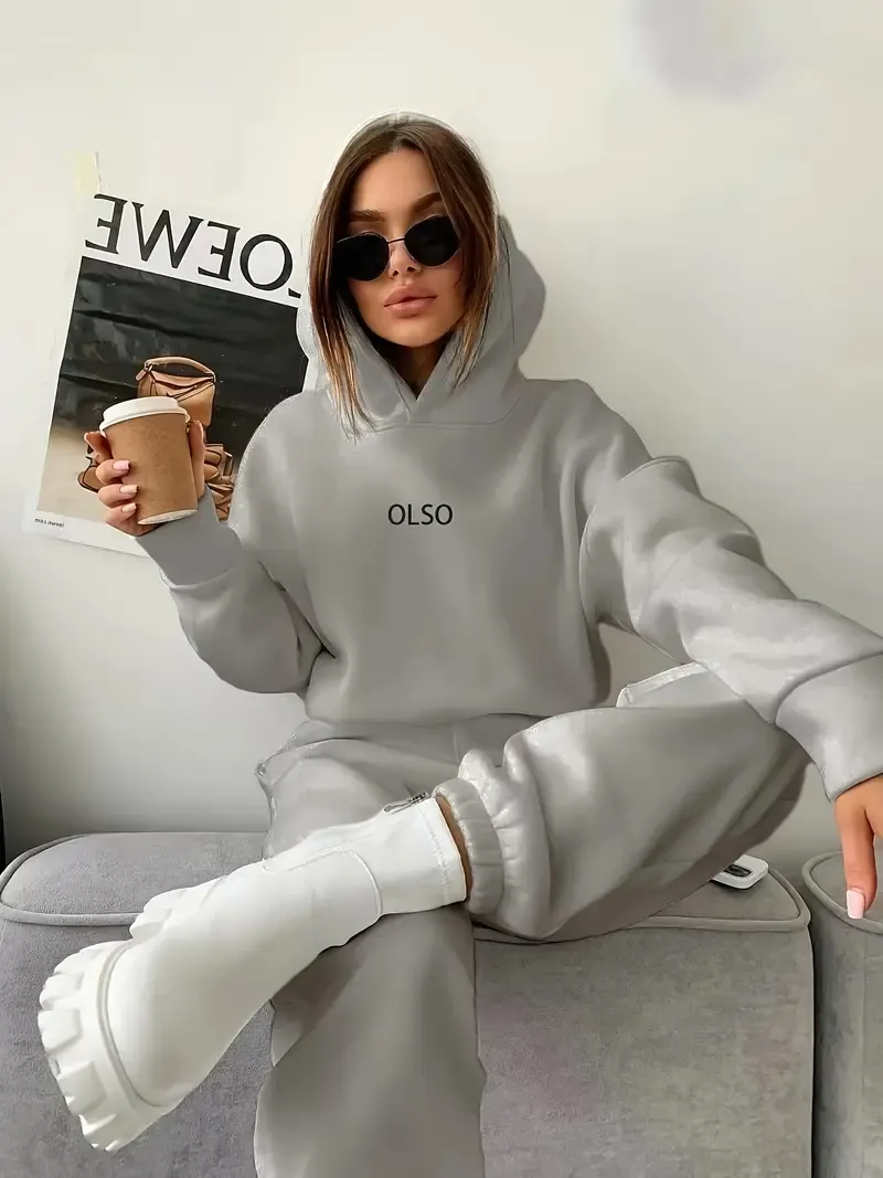 Casual Two-piece Set, Letter Print Long Sleeve Hooded Sweatshirt & Elastic Waist Sweatpants Outfits, Women's Clothing