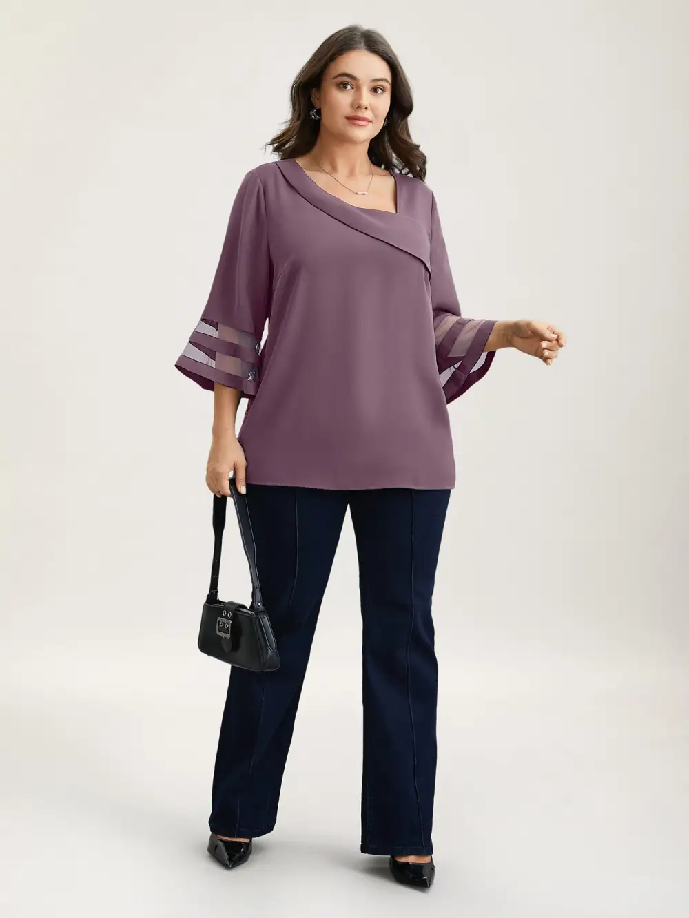 Sheer Sleeve Patchwork Asymmetrical Neckline Blouse
