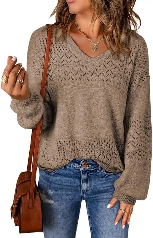 Womens Sweaters Casual Long Sleeve V Neck Lightweight Crochet Pullover Sweater Tops