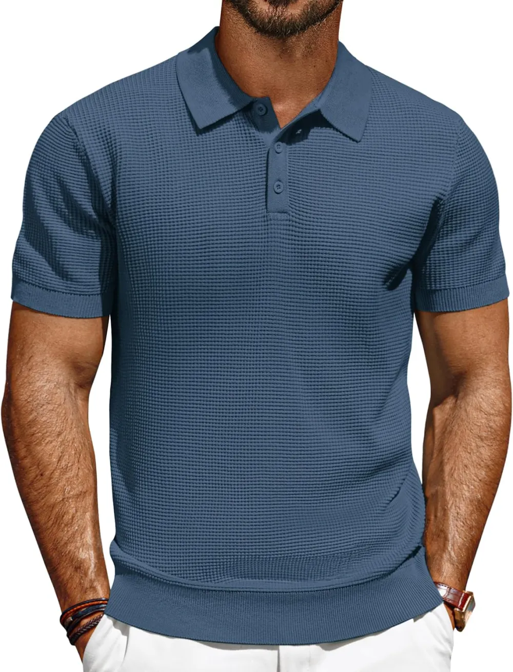 Knit Polo Shirts for Men Casual Short Sleeve Waffle Texture Polo Golf Shirt