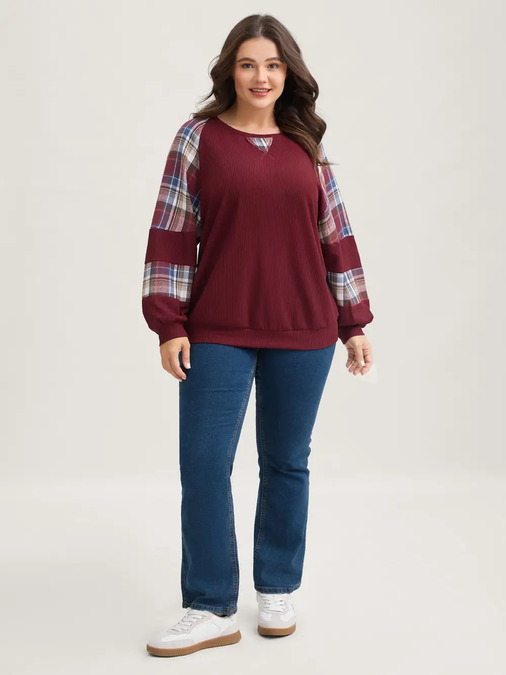 Plaid Patchwork Raglan Sleeve Sweatshirt