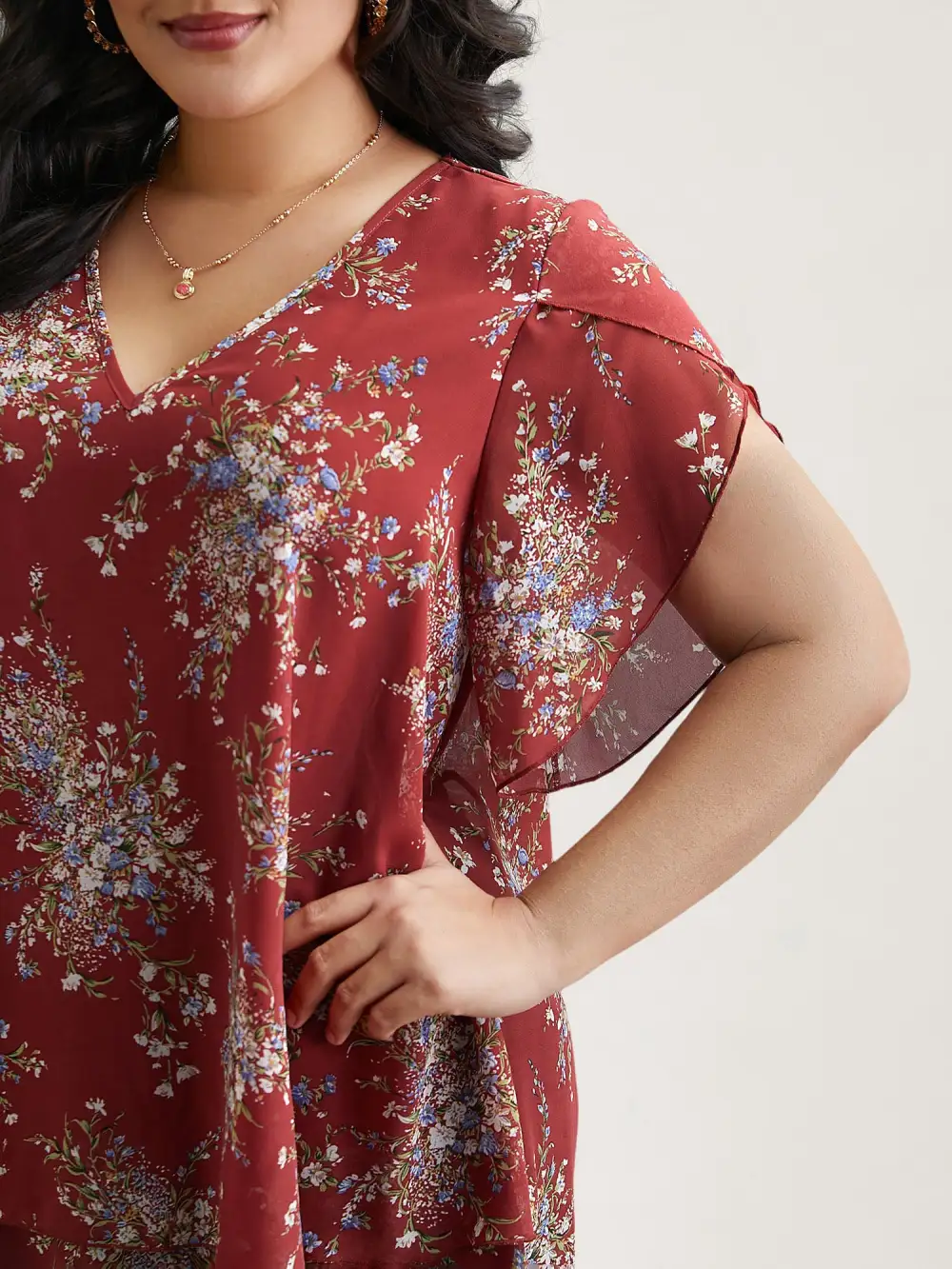 Floral Print Petal Sleeve Layered Blouse