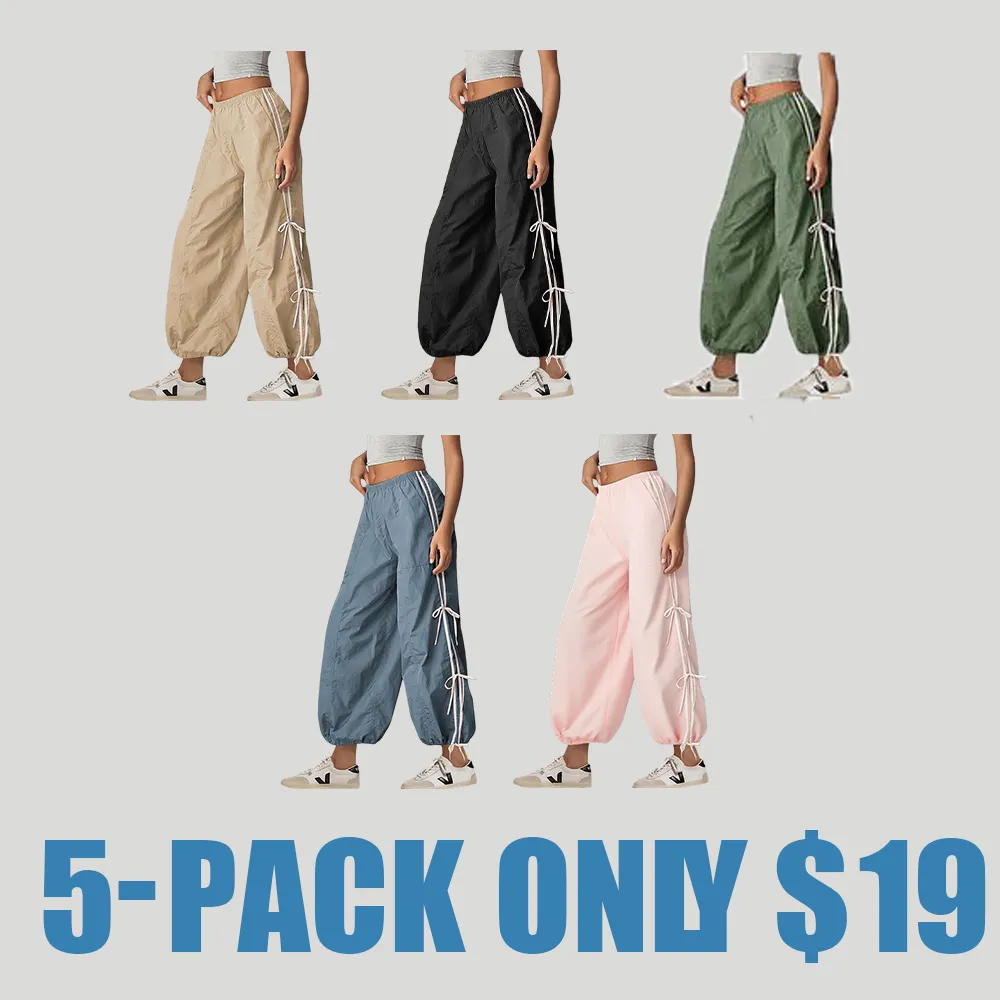 Women's Parachute Cargo Pants – High Waist, Elastic Drawstring Hiking Trousers with Pockets