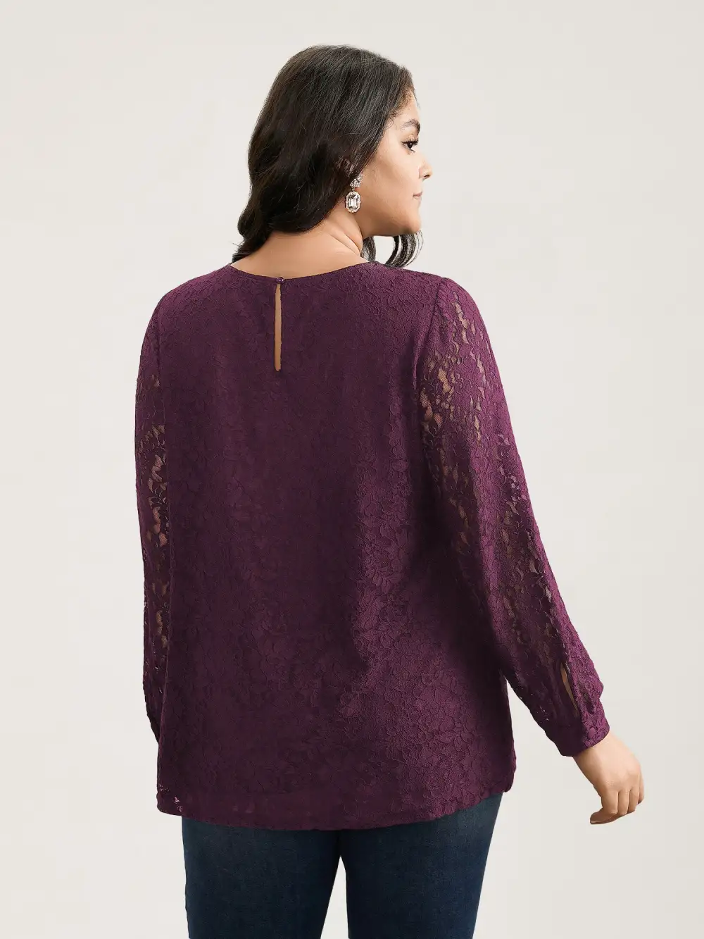 Solid Crochet Lace Mesh Crew Neck Blouse