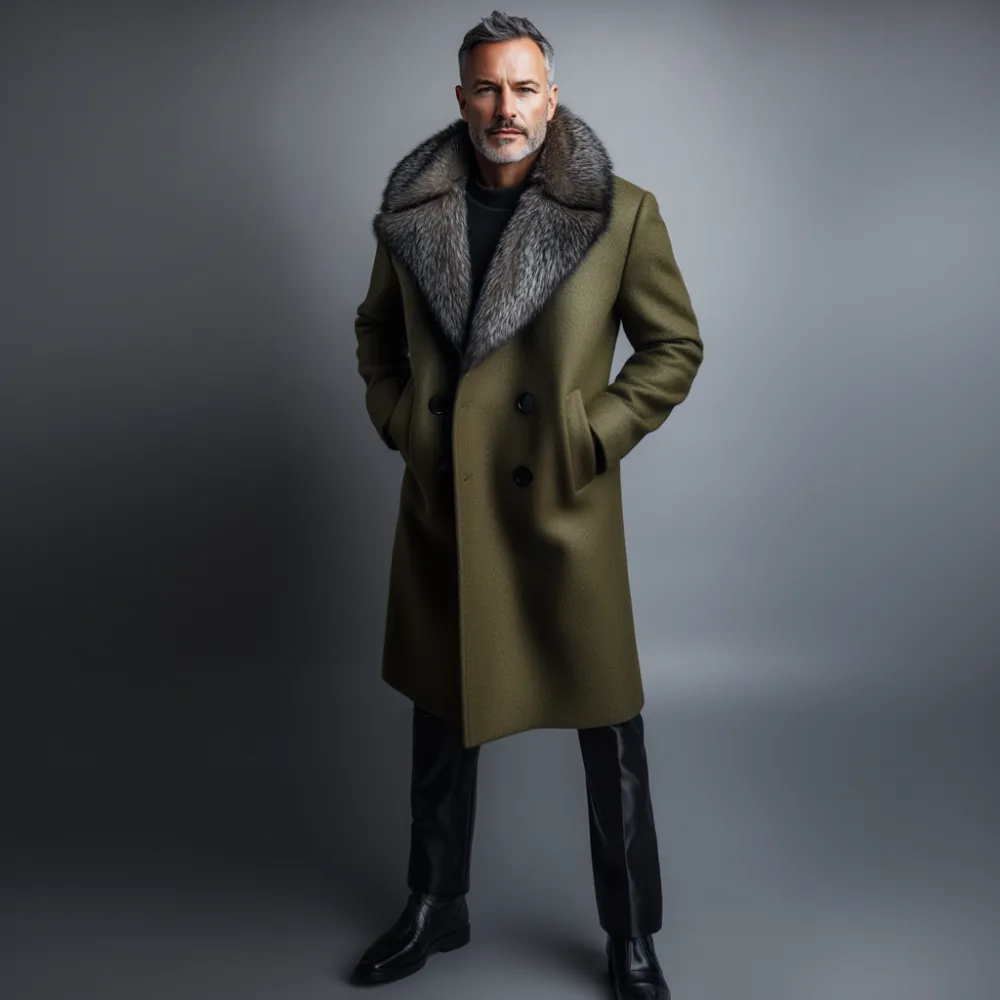 Men's Plush Lapel Collar Double Breasted Pocket Mid-Length Overcoat