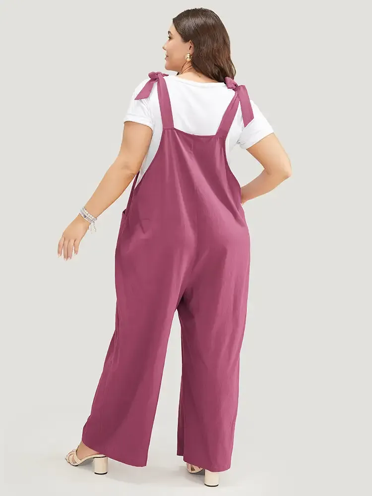 Solid Pleated Detail Pocket Knotted Shoulder Overall Jumpsuit