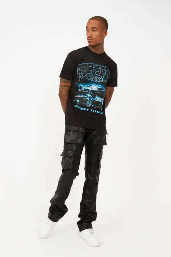 Petrus Black Faux Leather Super Stacked Flare Jean