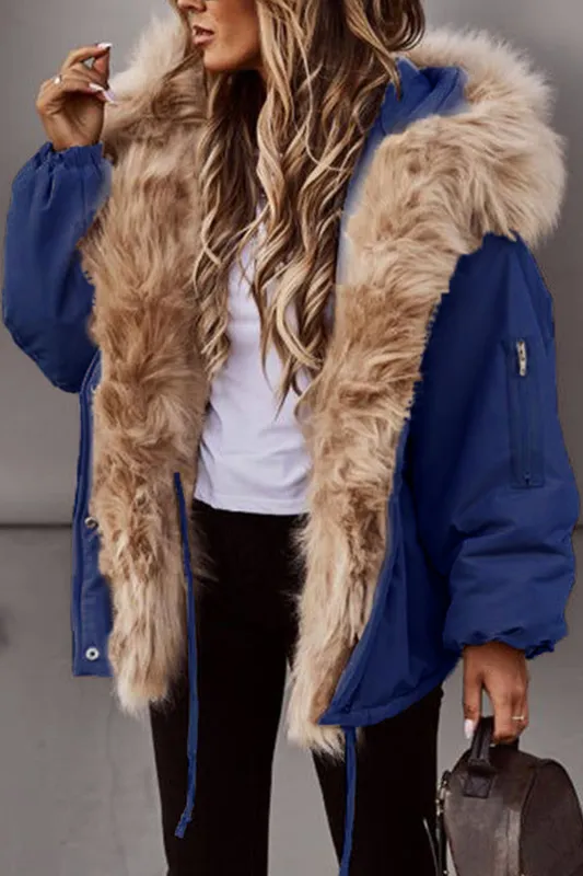 New Women’s Short Puffy Canvas Jacket with Faux Fur Trimmed Hood