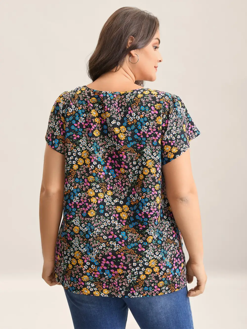 Multi-Color Floral Print Lace Spliced Blouse