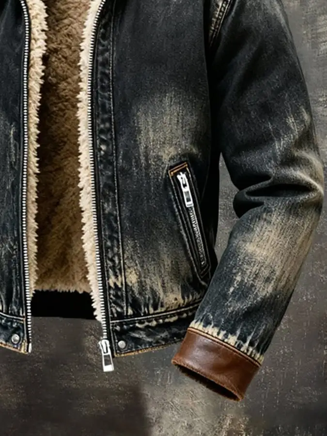 Men'S Vintage Distressed Warm Fleece Outdoor Jacket