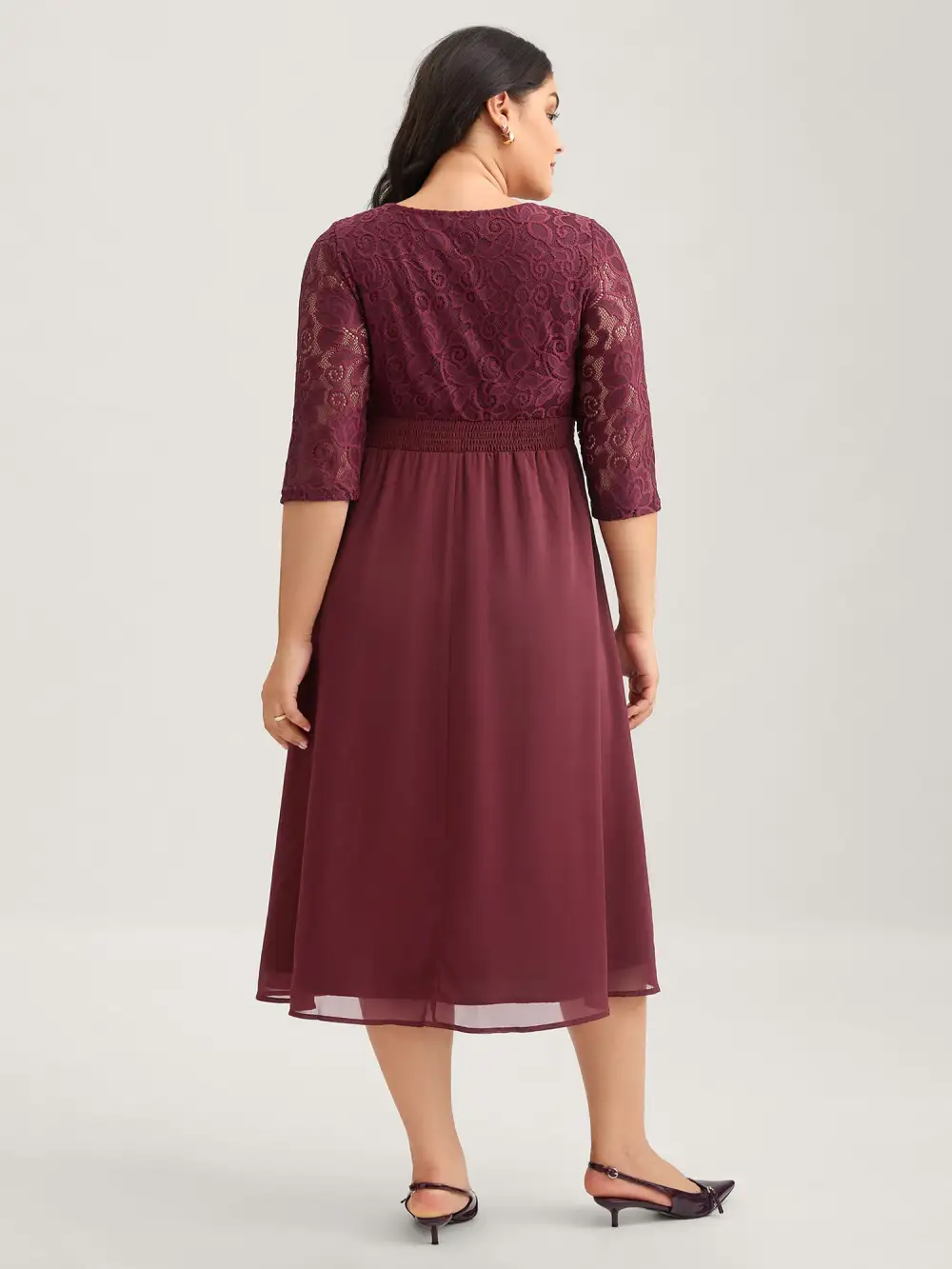 Lace Patchwork Shirred Midi Pocket Dress