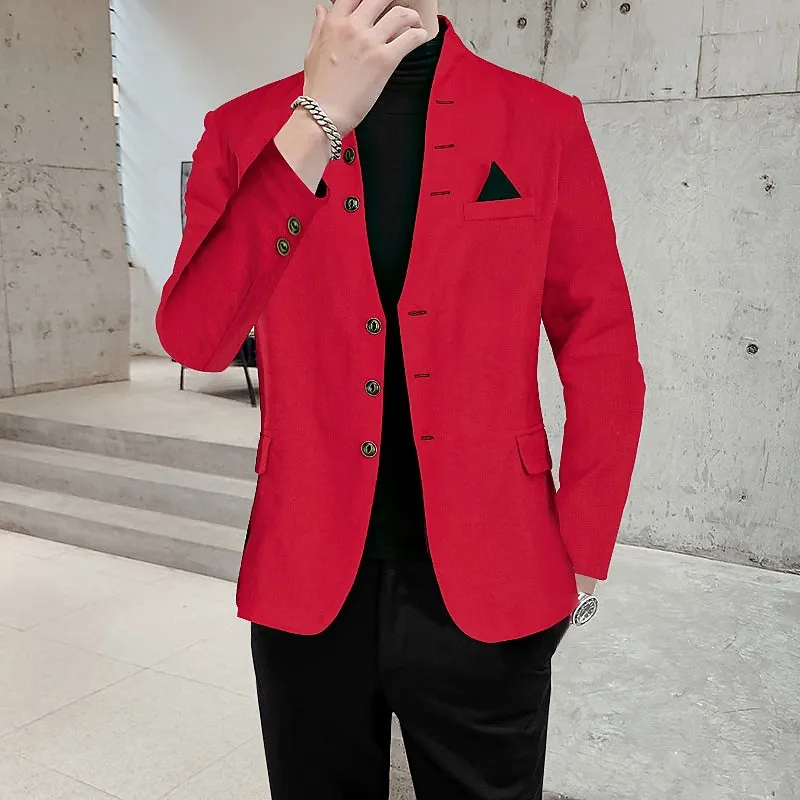 Men's Party Stand Collar Button Design Chest Pocket Blazer