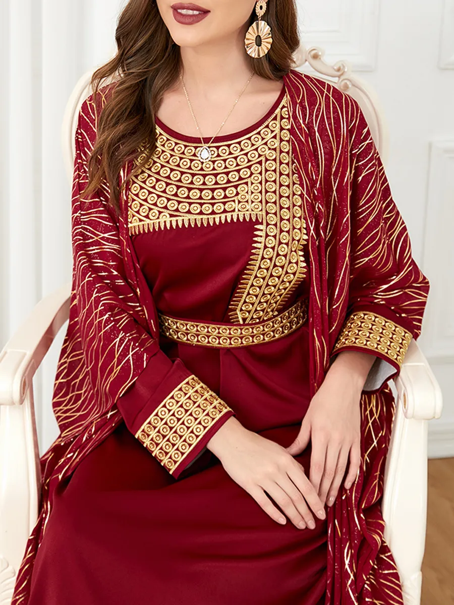 Round neck embroidery and gold stamping long sleeved dress cardigan two-piece set