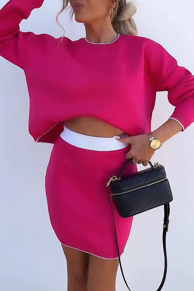 Women's round neck two-piece top and skirt set