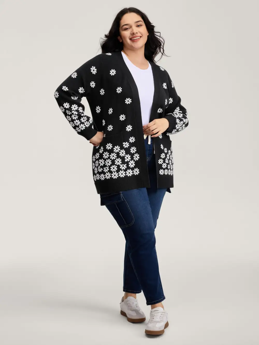 Scattered Floral Pattern Open-Front Cardigan