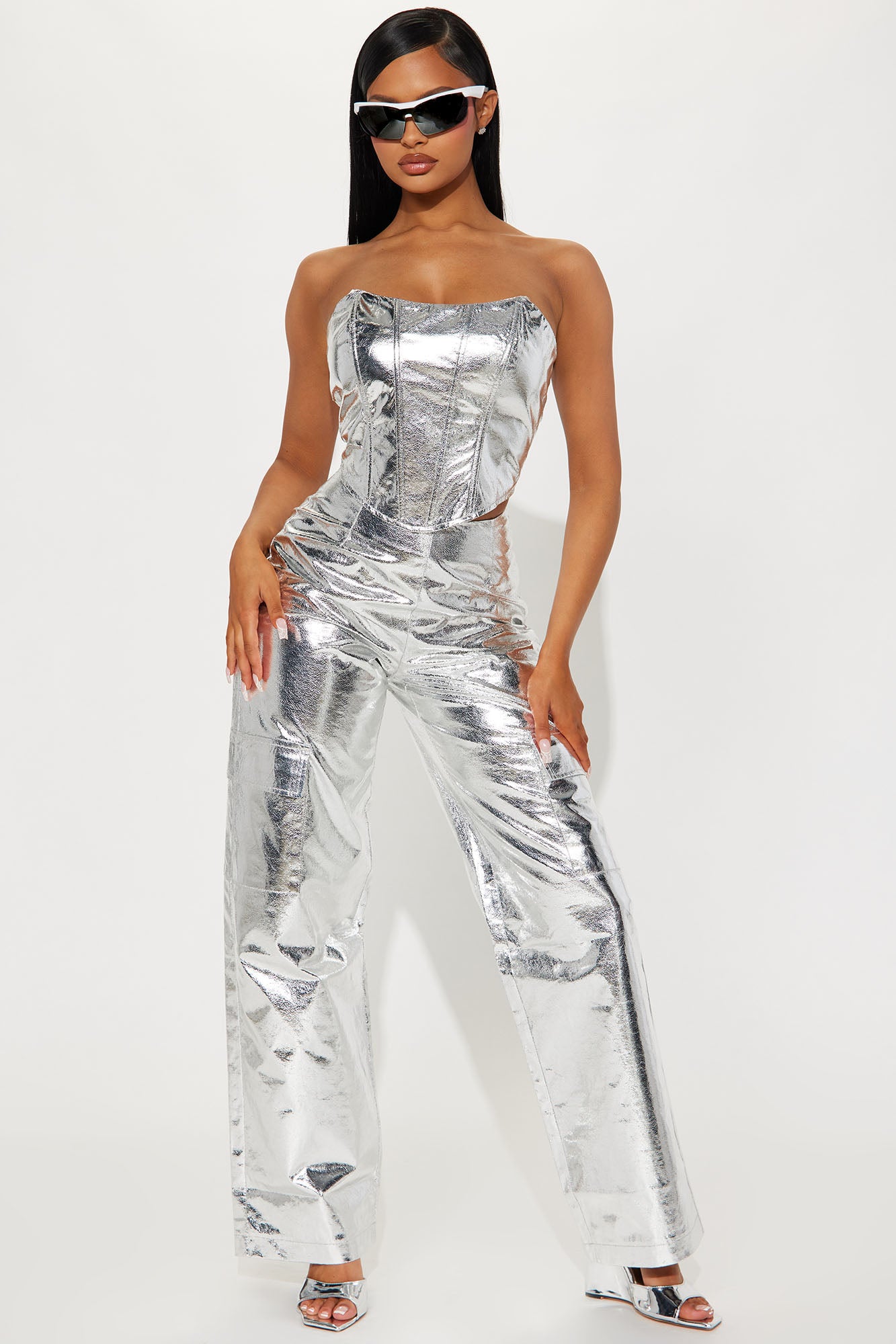 Sadie Metallic Pant Set - Silver