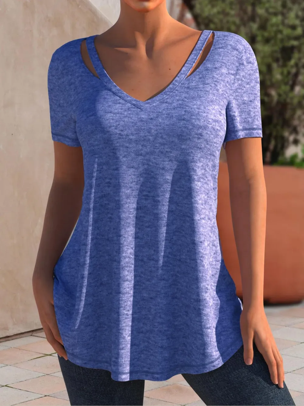 V Neck Cut-out Basic Plain Casual Short Sleeve T-Shirt/Tee