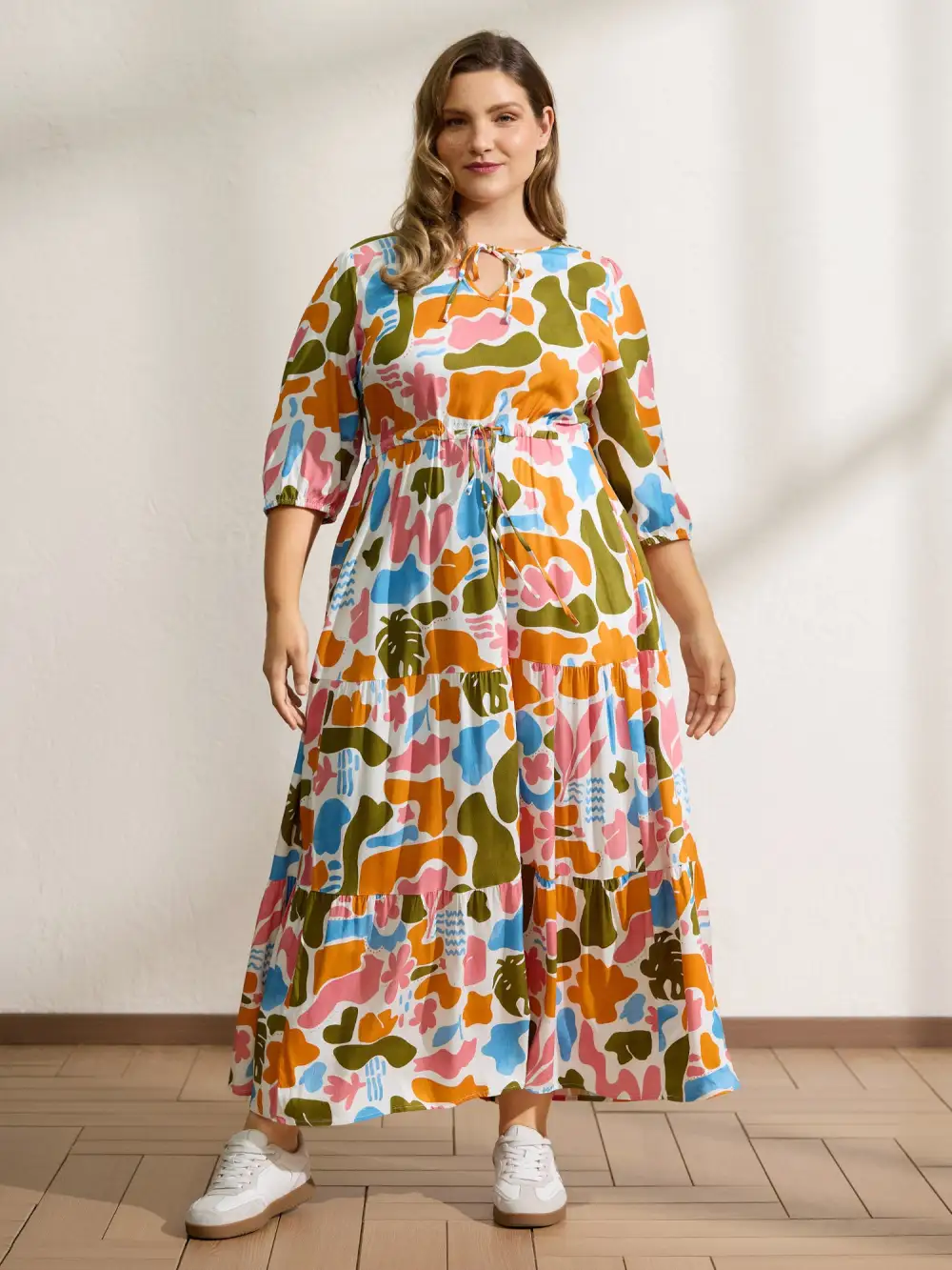 Abstract Print Neck-Tie Pockets Maxi Dress