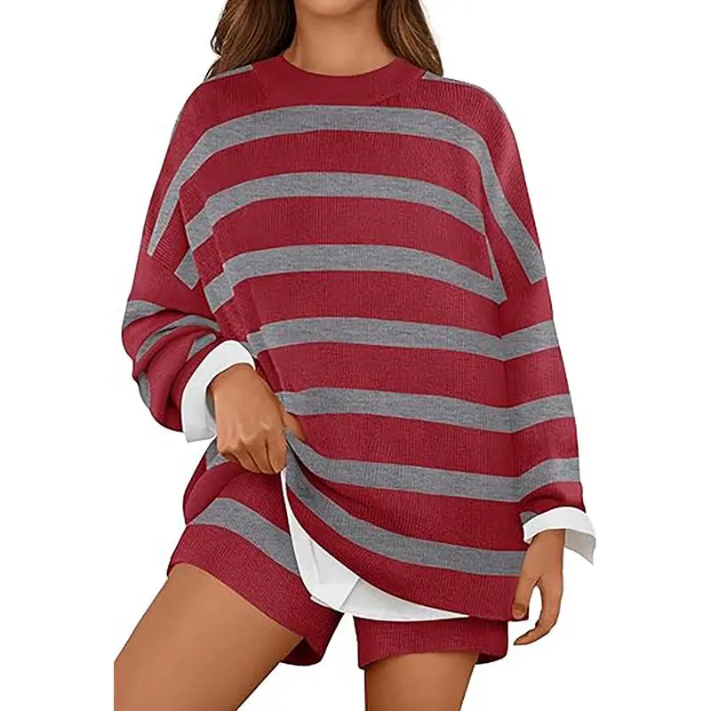 Women's 2 Piece Sweater Lounge Sets Striped Long Sleeve Shorts Oversized Matching Outfits