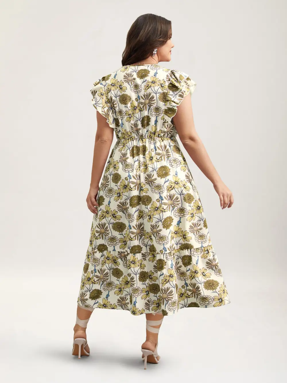 Ruffled Floral Print Stretchy-Waist Midi Dress