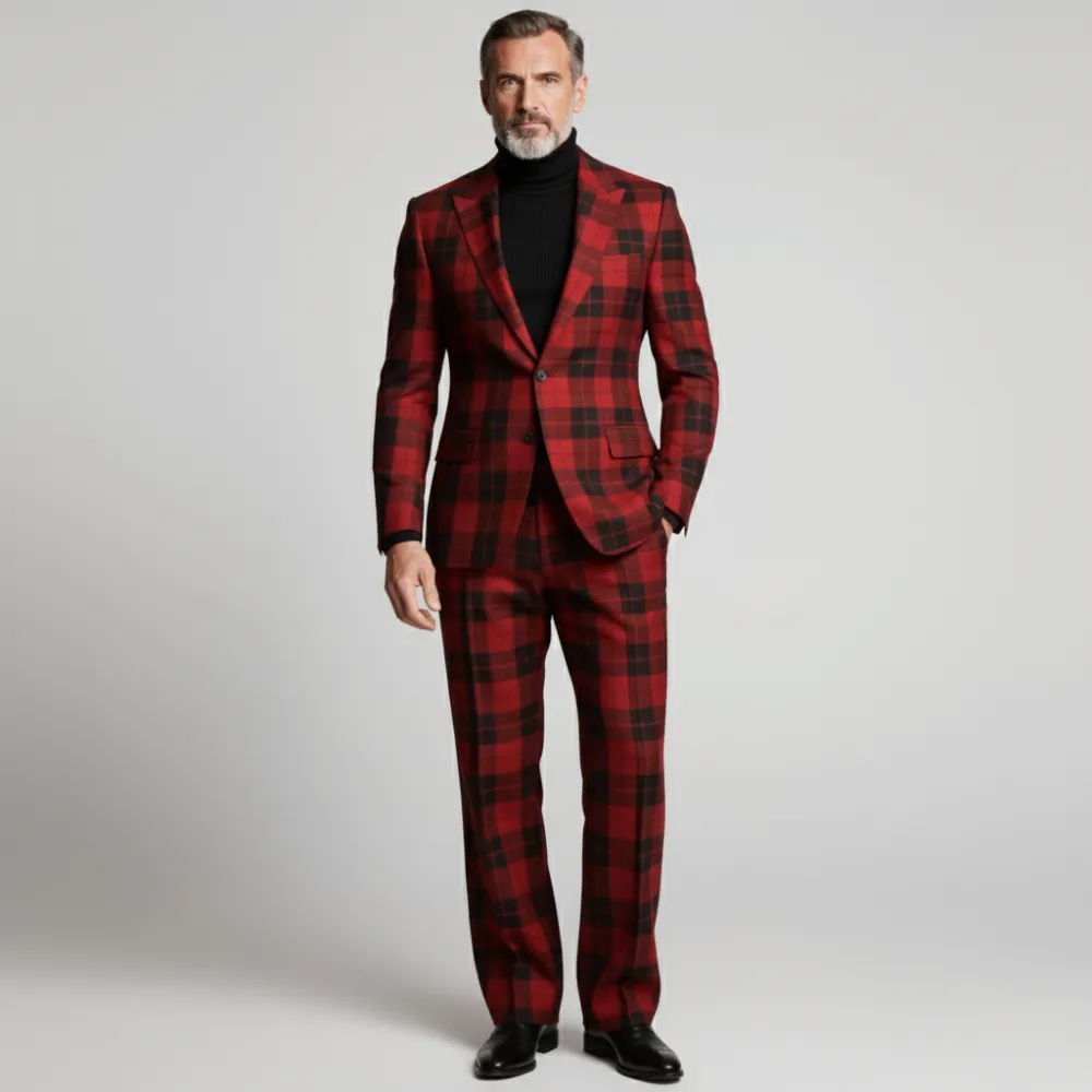 Men's Business Red Peak Lapel Button Long Sleeve Plaid Blazer & Pants 2Pcs Set