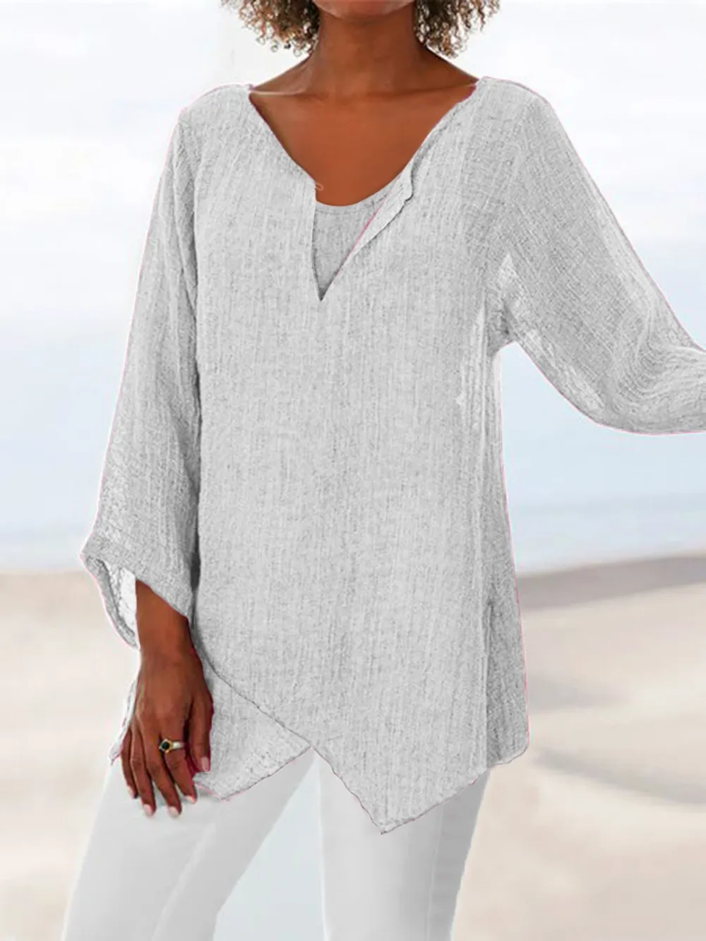 V Neck Asymmetric Solid Causal Tunic Tops