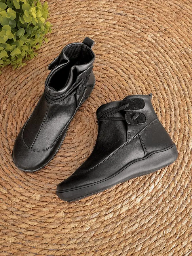 Vintage Women Casual Braided Strap Breathable Lether PU Flat Heel Classic Boots