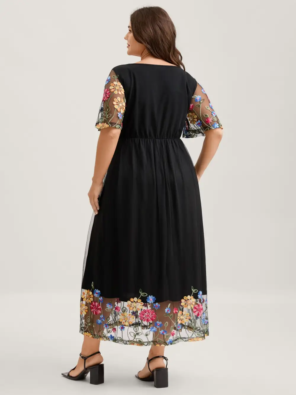 Colorful Floral Sheer Sleeve Cinched Midi Dress