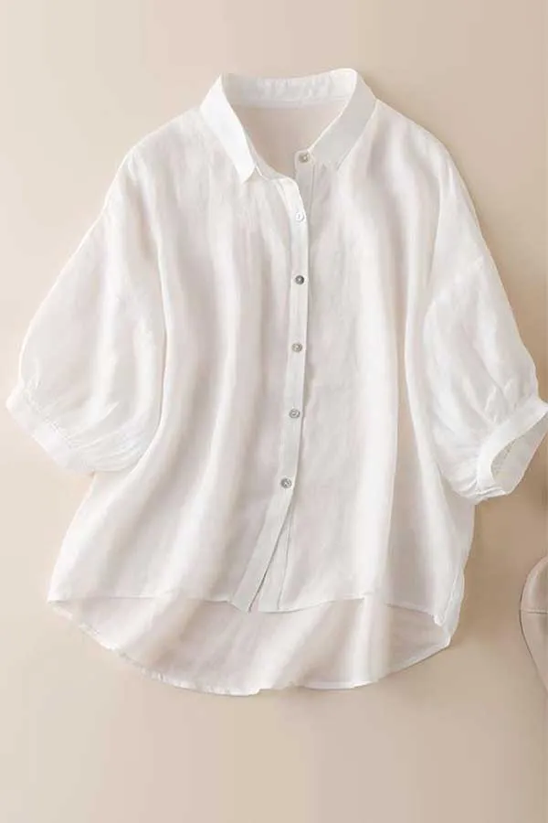 Solid Puff Sleeve Button Up Linen Blouse