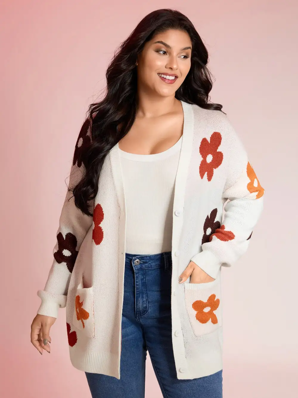 Floral Print Pockets Button-Front Knit Cardigan