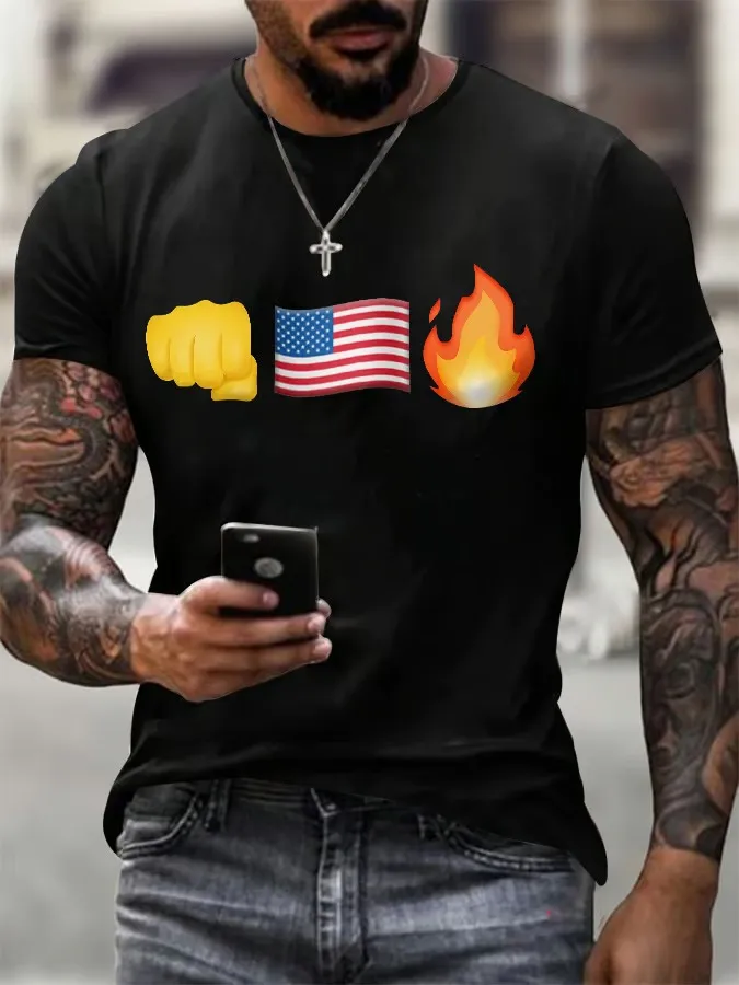 Men'S Retro Fist Flag Fire Print T-Shirt