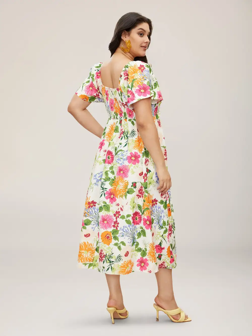 Floral Shirred Square Neck Pocket Midi Dress