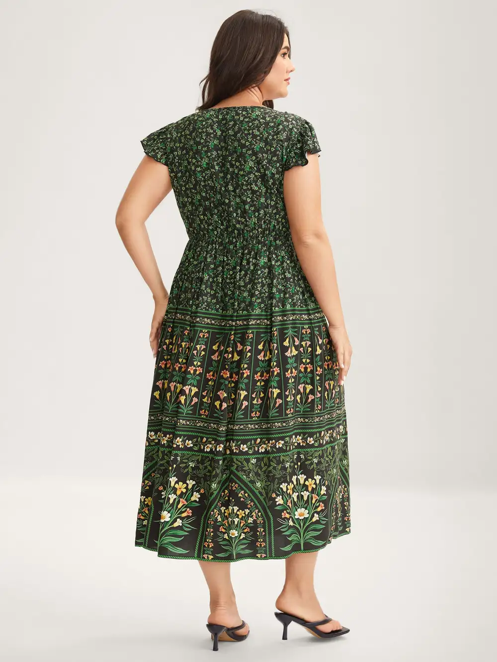 Rayon Garden Fresh Ruffled Sleeve Midi Dress