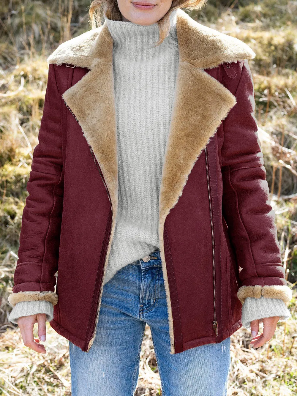 Boyfriend Aviator Sheepskin Jacket, Antique/Camel