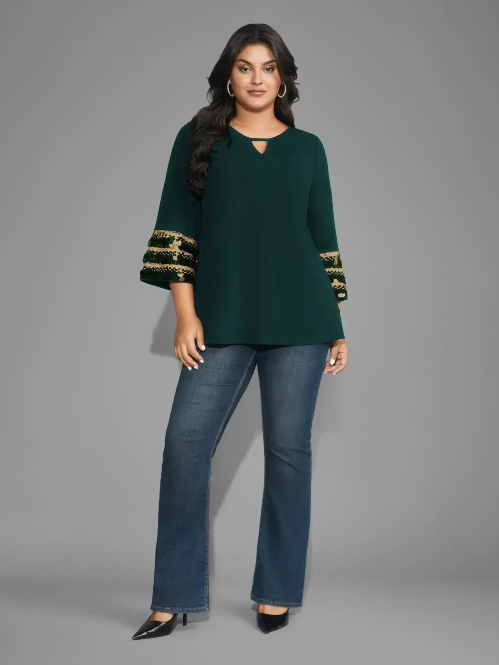 Sequin Patchwork Keyhole Bell Sleeve Blouse