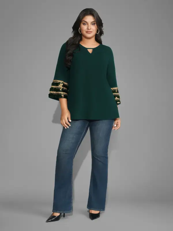 Sequin Patchwork Keyhole Bell Sleeve Blouse