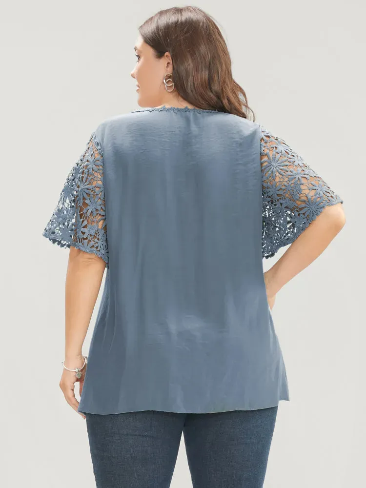 Plain V Neck Floral Patchwork Blouse