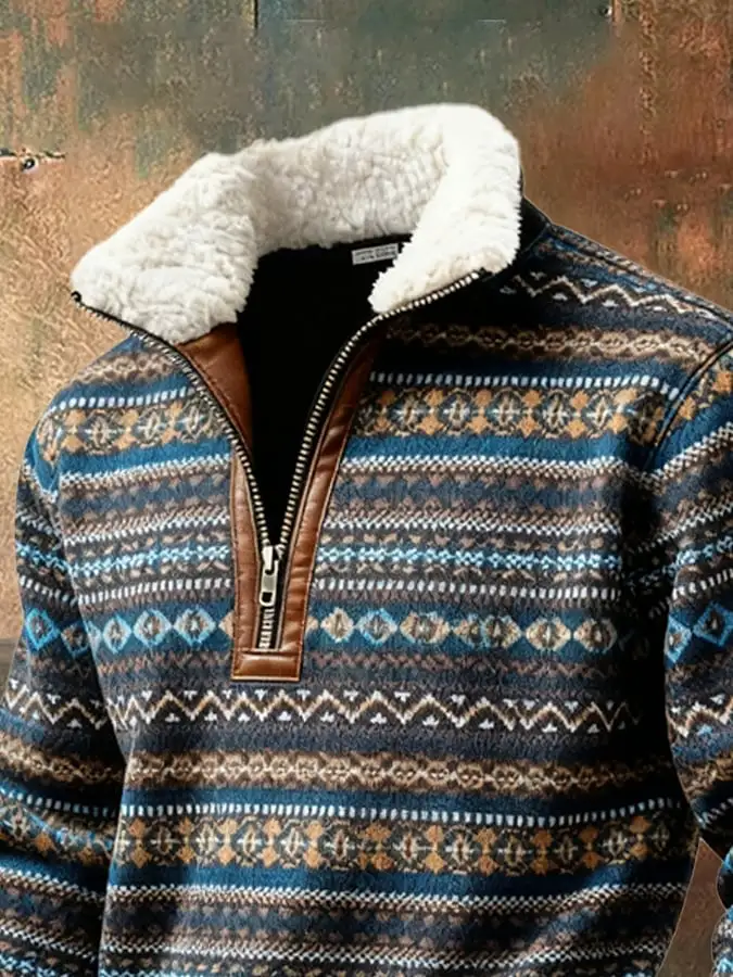 Men's Retro Color Block Print Casual Fur Collar Sweatshirt