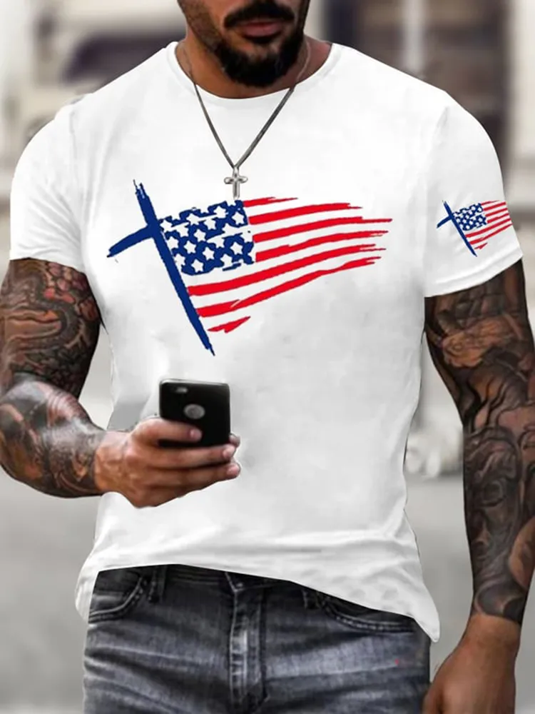 Men'S Round-Neck Short-Sleeved T-Shirt With National Flag Prints