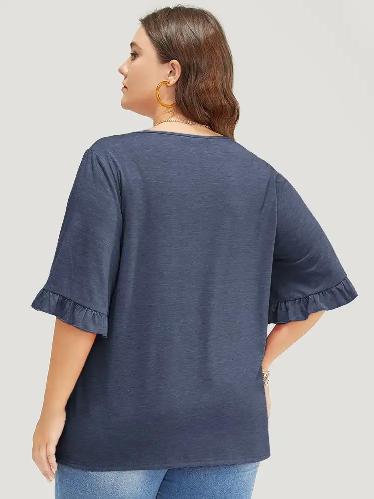 Solid Gathered Ruffle Trim Flounce Sleeve T-shirt