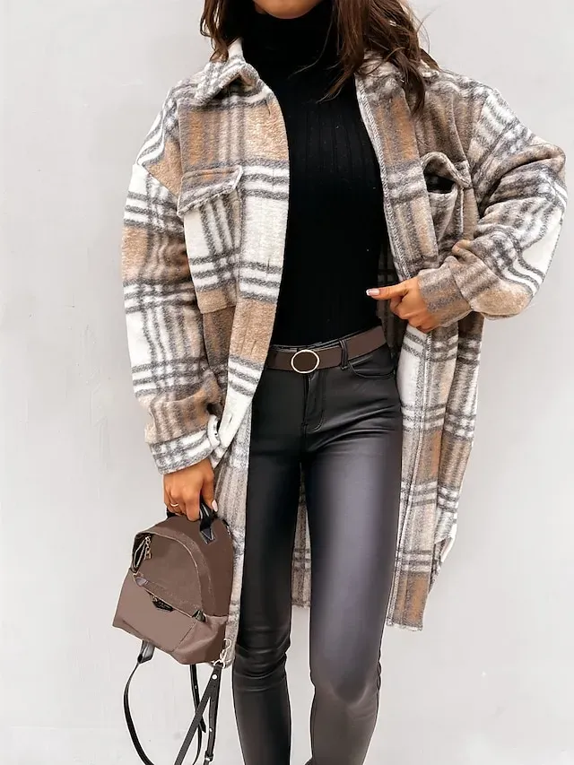 Women's Wool Blend Coat Winter Plaid Shacket Jacket Fall Long Pea Coat with Pockets Single Breasted Over Coat Trench Coat Gray Khaki Brown Modern Street S M L XL XXL / Winter