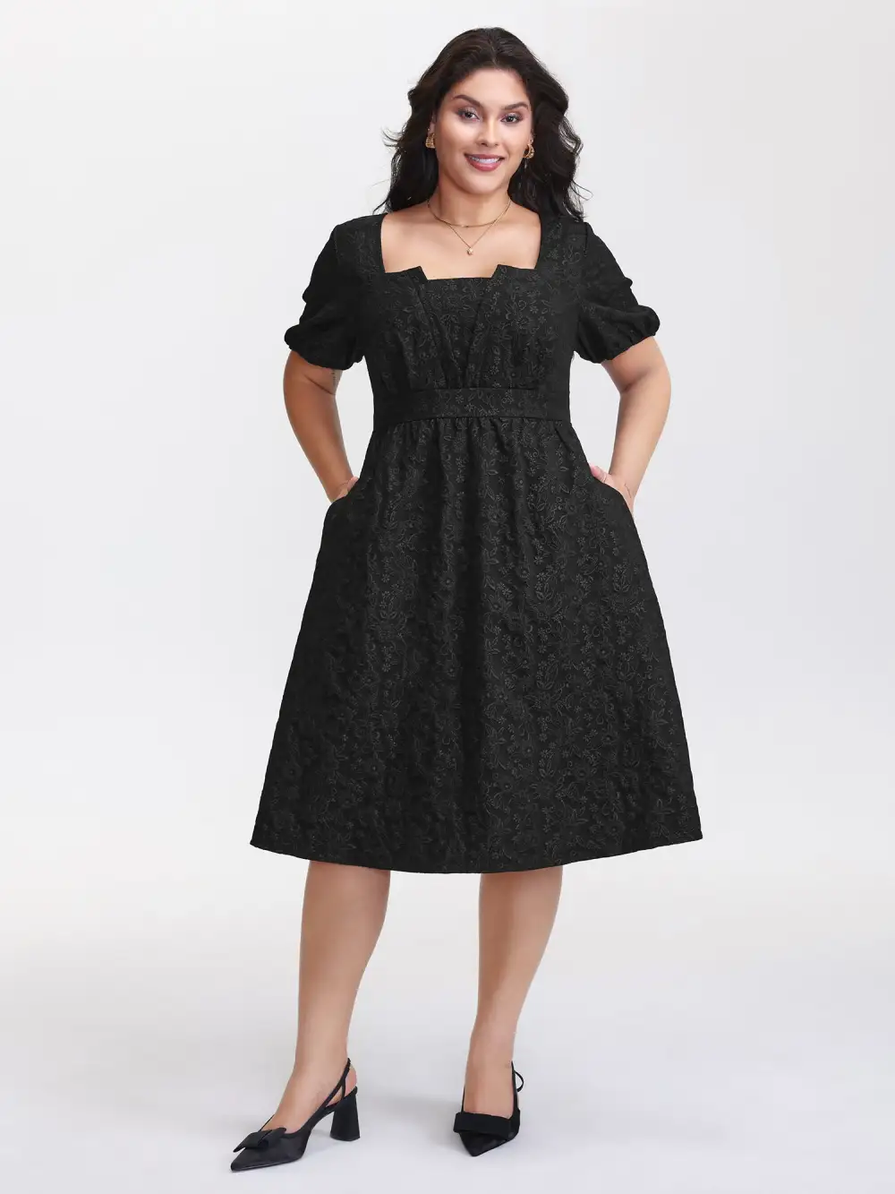 Solid Jacquard Puff Sleeve Midi Dress