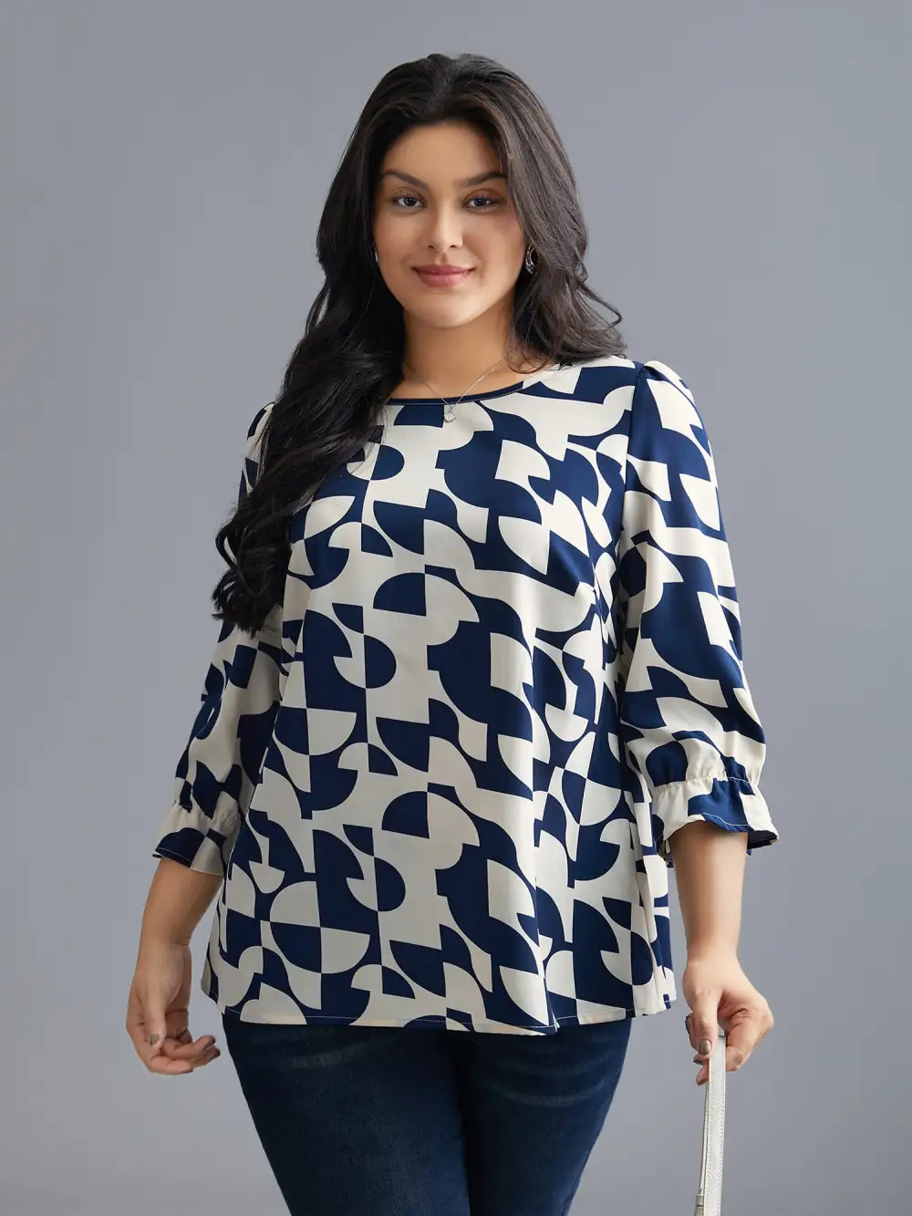 Round Neck Geometric Print  Blouse