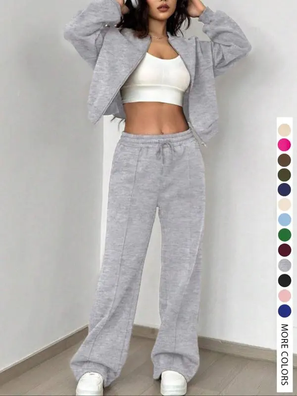 Two-piece Set Women's Solid Zip Up Drop Shoulder Jacket & Pocket Elastic Waist Pants, Casual Fashion Cozy Breathable Two Piece Outfits for Daily Outdoor Wear, Ladies Clothes for All Seasons