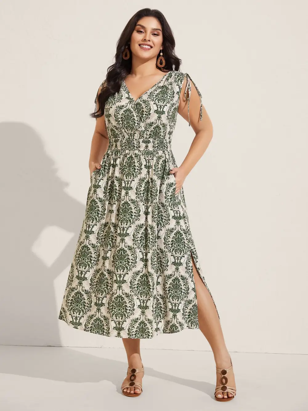 Damask Print Surplice Sleeveless Midi Dress