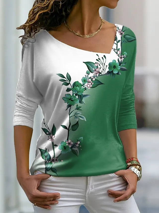Women's Plus Size T shirt Tee Pink Blue Purple Graphic Floral Print Long Sleeve Casual Weekend Daily V Neck Regular Fit Floral Painting Fall & Winter