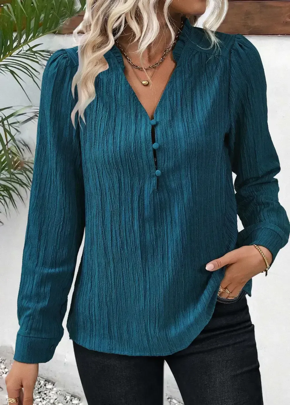 Peacock Blue Frill Long Sleeve Split Neck Blouse