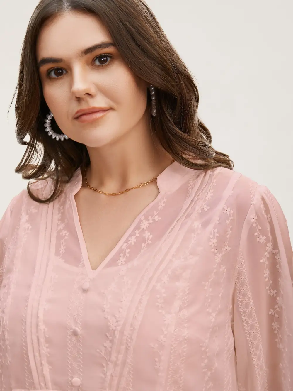 Texture Mesh Button Detail Tucked Seam Blouse