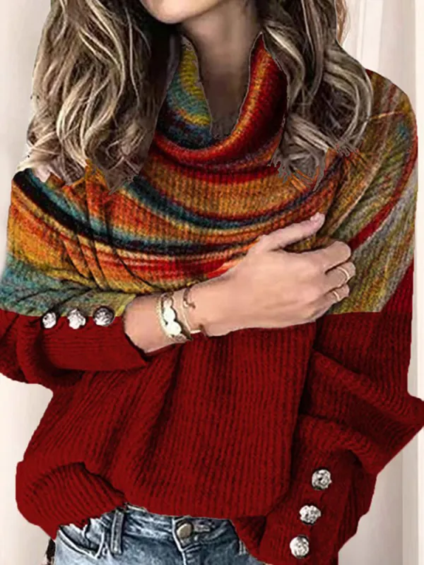 Vintage Rainbow Print Turtleneck Knit Sweater