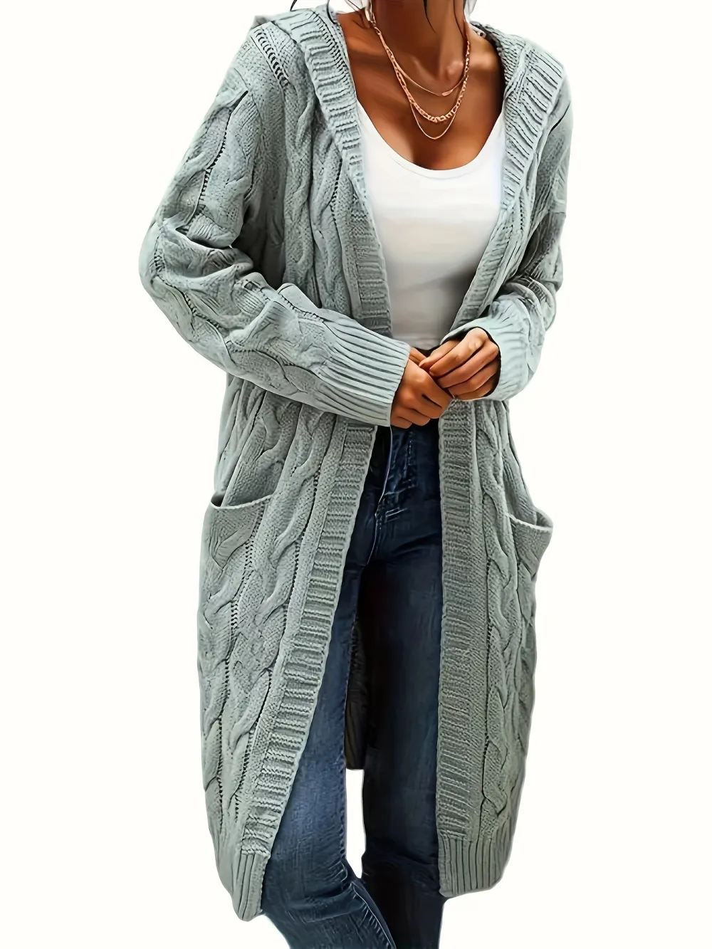Cozy Long Sleeve Mid-Length Solid Color Cable Knit Hooded Cardigan - Soft Micro Elasticity Polyester, Casual Pocket Sweater for Women